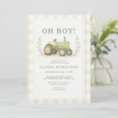 Oh Junge Farmer Traktor Gingham Baby Shower Einladung (Stehend Vorderseite)