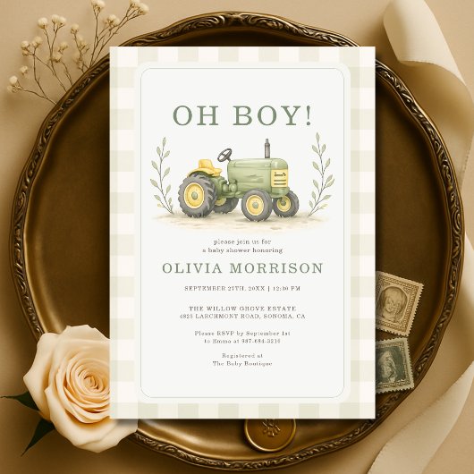 Oh Junge Farmer Traktor Gingham Baby Shower Einladung