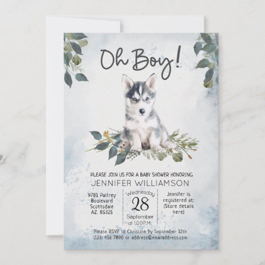 Oh Junge! Husky Puppy Watercolor Babydusche Invita Einladung (Vorderseite)