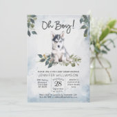 Oh Junge! Husky Puppy Watercolor Babydusche Invita Einladung (Stehend Vorderseite)