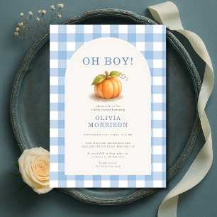 Oh Junge Kleiner Kürbis Blau Gingham Baby Shower Einladung