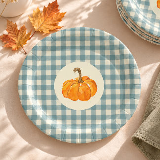 Oh Junge Kürbis blau Gingham Vintage Baby Shower Pappteller