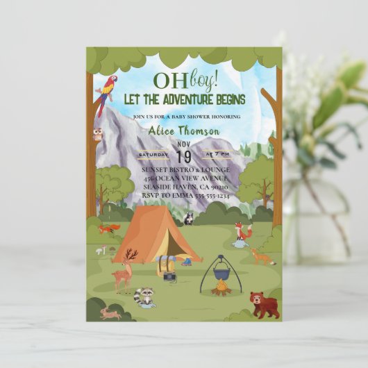 oh Junge lasse das Abenteuer beginnt Waldbabydusch Einladung (Stehend Vorderseite)