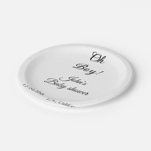 oh Junge Mädchen Babydusche geben den Namen Datum  Pappteller (Schrägansicht)