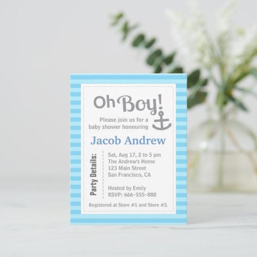 Oh, Junge, modern, Anker, Kinderdusche Einladung (Stehend Vorderseite)