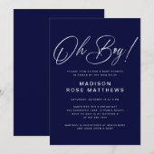 Oh Junge Modern Script Navy Blau Baby Shower Einladung (Vorne/Hinten)