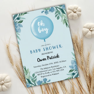 Oh Junge moderne blaue Ballons Babydusche Einladung
