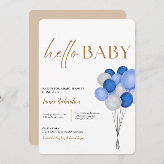 Oh Junge moderne Eukalyptus-blaue Ballons Babydusc Einladung (Vorne/Hinten)