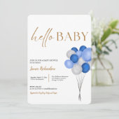 Oh Junge moderne Eukalyptus-blaue Ballons Babydusc Einladung (Stehend Vorderseite)