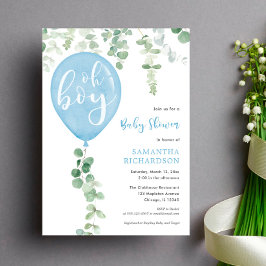 Oh Junge moderne Eukalyptus-blaue Ballons Babydusc Einladung