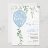 Oh Junge moderne Eukalyptus-blaue Ballons Babydusc Einladung (Vorderseite)