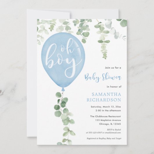 Oh Junge moderne Eukalyptus-blaue Ballons Babydusc Einladung (Vorderseite)