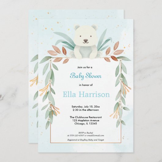 Oh Junge moderne Eukalyptus-blaue Ballons Babydusc Einladung (Vorne/Hinten)