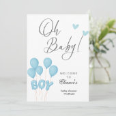 Oh Junge moderne Eukalyptus-blaue Ballons Babydusc Einladung (Stehend Vorderseite)