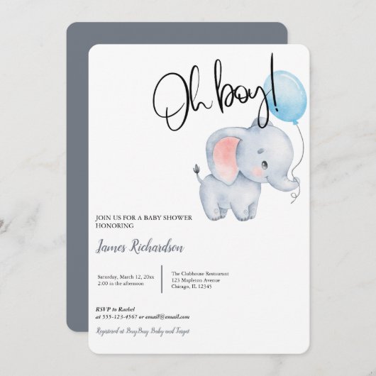 Oh Junge moderne Eukalyptus-blaue Ballons Babydusc Einladung (Vorne/Hinten)