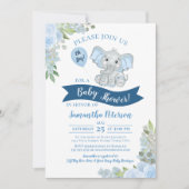 Oh Junge! Niedlich Elephant Blue Floral Baby Dusch Einladung (Vorderseite)