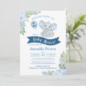 Oh Junge! Niedlich Elephant Blue Floral Baby Dusch Einladung (Stehend Vorderseite)