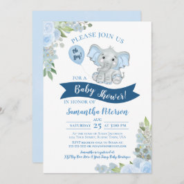 Oh Junge! Niedlich Elephant Blue Floral Baby Dusch Einladung
