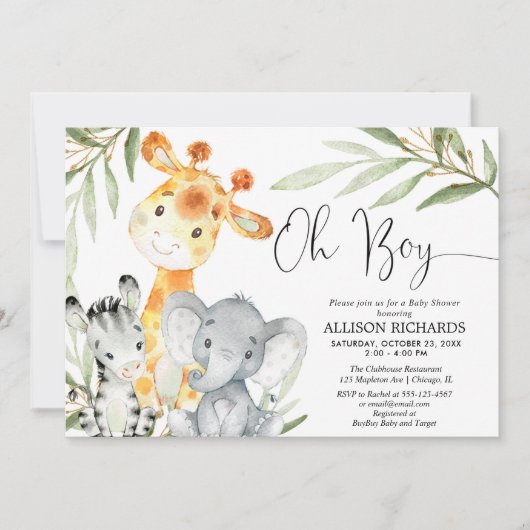 Oh Junge niedlich Safari Tiergarten Kinderdusche Einladung (Vorderseite)