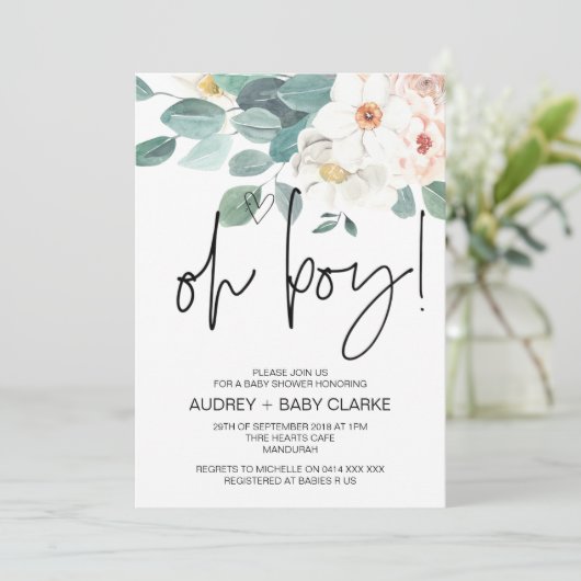Oh Junge Niedliche Babydusche Party Blush Bloral Einladung (Stehend Vorderseite)