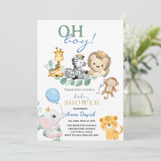 oh Junge niedliche Safari Dschungeltiere Babydusch Einladung (Stehend Vorderseite)