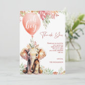 Oh Junge Pink Balloon Floral Elephant Baby Dusche Dankeskarte (Stehend Vorderseite)