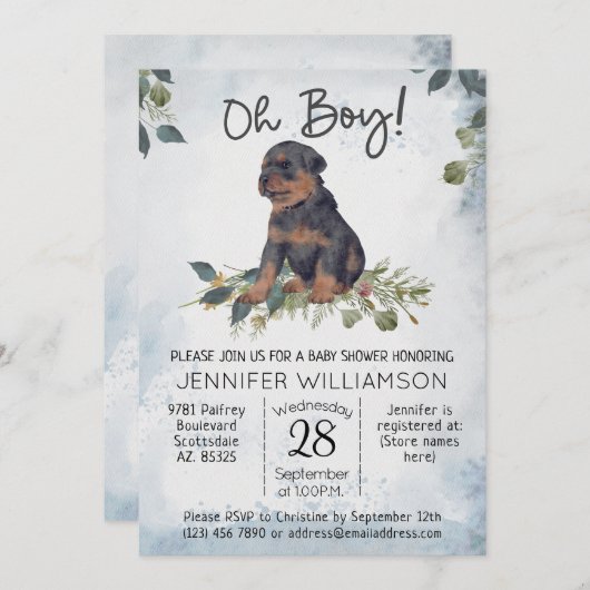 Oh Junge! Rottweiler Pup Watercolor Babydusche Einladung (Vorne/Hinten)