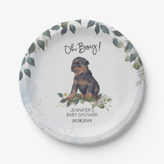 Oh Junge! Rottweiler Puppy Dog Custom Baby Shower Pappteller (Vorderseite)