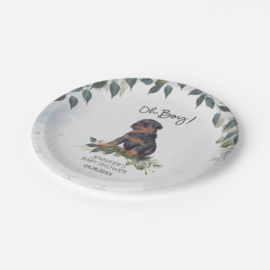 Oh Junge! Rottweiler Puppy Dog Custom Baby Shower Pappteller (Schrägansicht)