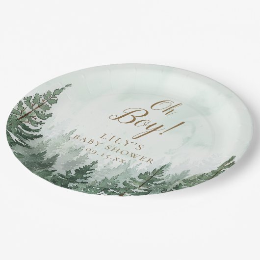 Oh Junge rustikale Pine Tree Forest Baby Dusche Pappteller (Schrägansicht)