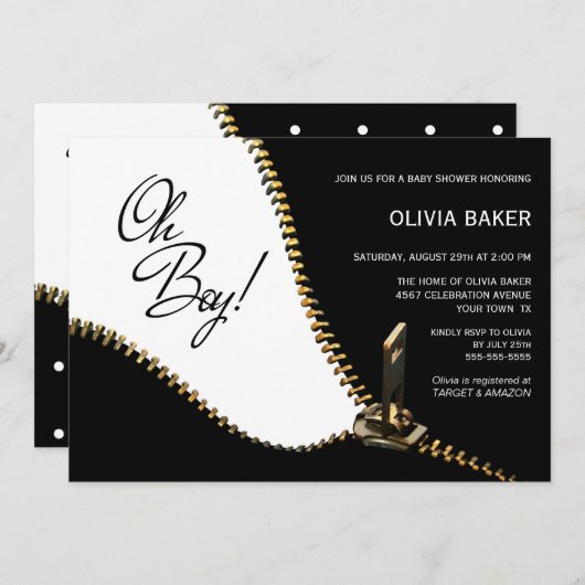 Oh Junge Schwarz-weiß mit Gold Zipper Baby Dusche Einladung (Vorne/Hinten)