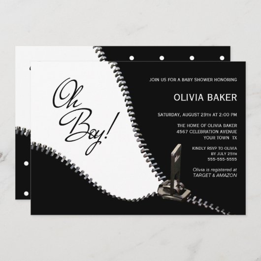 Oh Junge Schwarz-weiß mit Silver Zipper Baby Dusch Einladung (Vorne/Hinten)