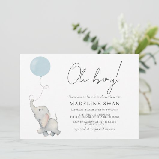 Oh Junge Sweet Elephant Baby Dusche Einladung (Stehend Vorderseite)