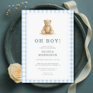 Oh Junge Teddybär Gingham-Baby-Party Einladung