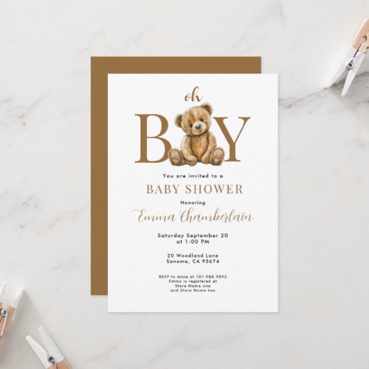 Oh Junge Teddybär Junge Baby Shower Einladung (Vorderseite/Rückseite Beispiel)