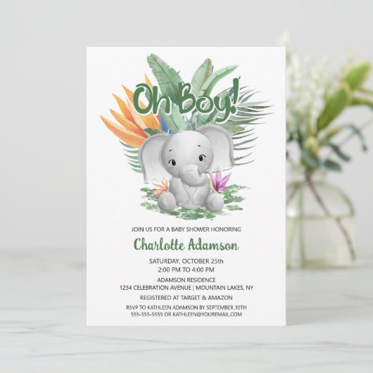 Oh Junge! Tropical Gray Baby Elephant Baby Dusche Einladung (Stehend Vorderseite)