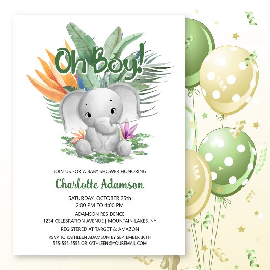 Oh Junge! Tropical Gray Baby Elephant Baby Dusche Einladung