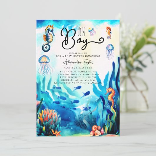 Oh Junge unter der Sea Seepferd Ocean Baby Dusche Einladung (Stehend Vorderseite)