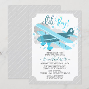Oh Junge Vintage-Flugzeug-Baby-Party Blau und Grau Einladung