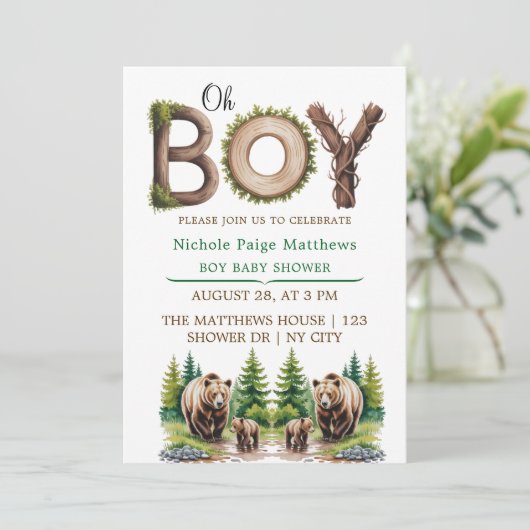 Oh Junge: Waldbaumtypografie Bärendusche Einladung (Stehend Vorderseite)