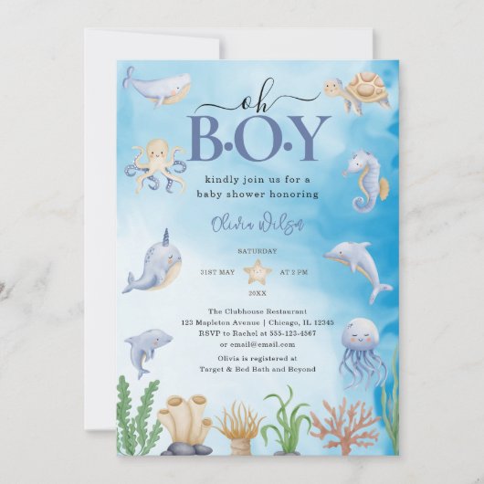 Oh Junge Wasserfarbe unter der Meerwasserdusche Einladung (Vorderseite)