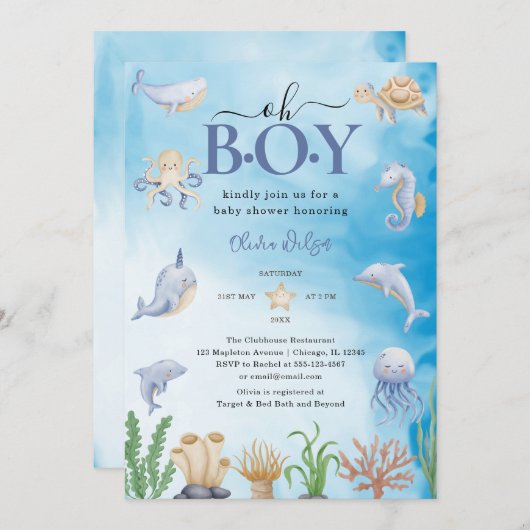 Oh Junge Wasserfarbe unter der Meerwasserdusche Einladung (Vorne/Hinten)