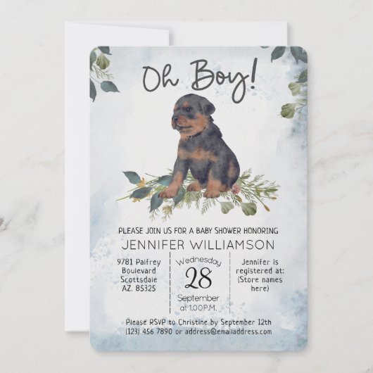Oh Junge! Wasserfarbe Welpe Dog Babydusche Einladung (Vorderseite)