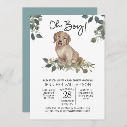 Oh Junge! Welpe Modern Watercolor Dog Babydusche Einladung (Vorne/Hinten)
