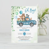Oh Junge! Woodland Animals Blue Truck Baby Dusche Einladung (Stehend Vorderseite)