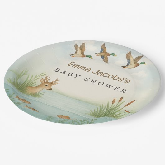 Oh Junge! Woodland Babydusche Pappteller (Schrägansicht)