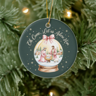 Oh kommt lasst uns ihn anbeten Jesus Xmas Pink Coq Keramik Ornament