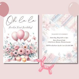 Oh la Blush Pink Floral Baby Girl 1. Geburtstag Einladung