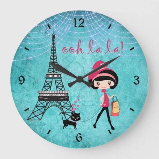 Oh La La Paris Girl and Cat With Eiffel Tower Große Wanduhr (Vorderseite)