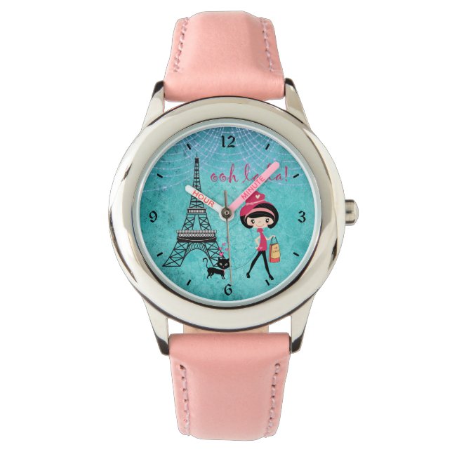 Oh La Paris Girl and Cat with Eiffelturm Armbanduhr (Vorderseite)